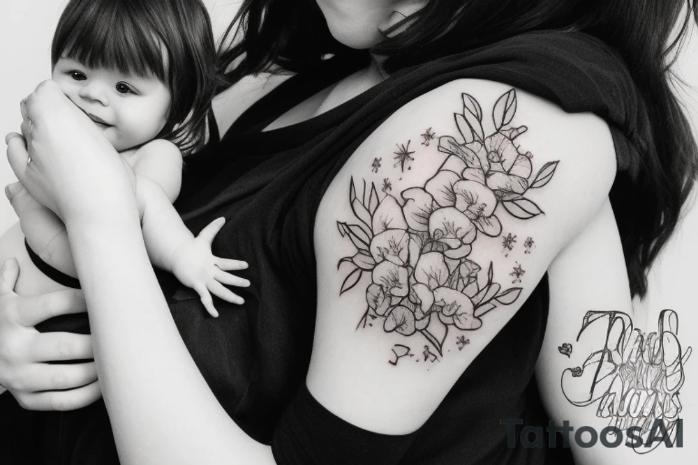 a mom holding a baby angel with orchid flowers tattoo idea