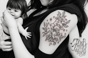 a mom holding a baby angel with orchid flowers tattoo idea