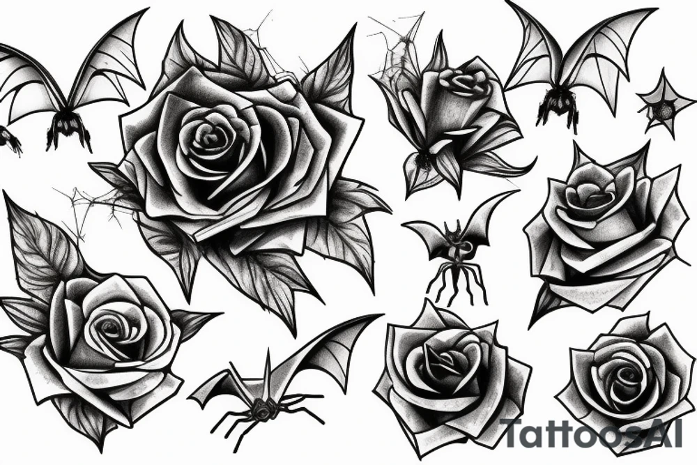 Dainty Stars, roses, bats, and spiderwebs tattoo idea