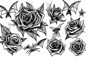 Dainty Stars, roses, bats, and spiderwebs tattoo idea