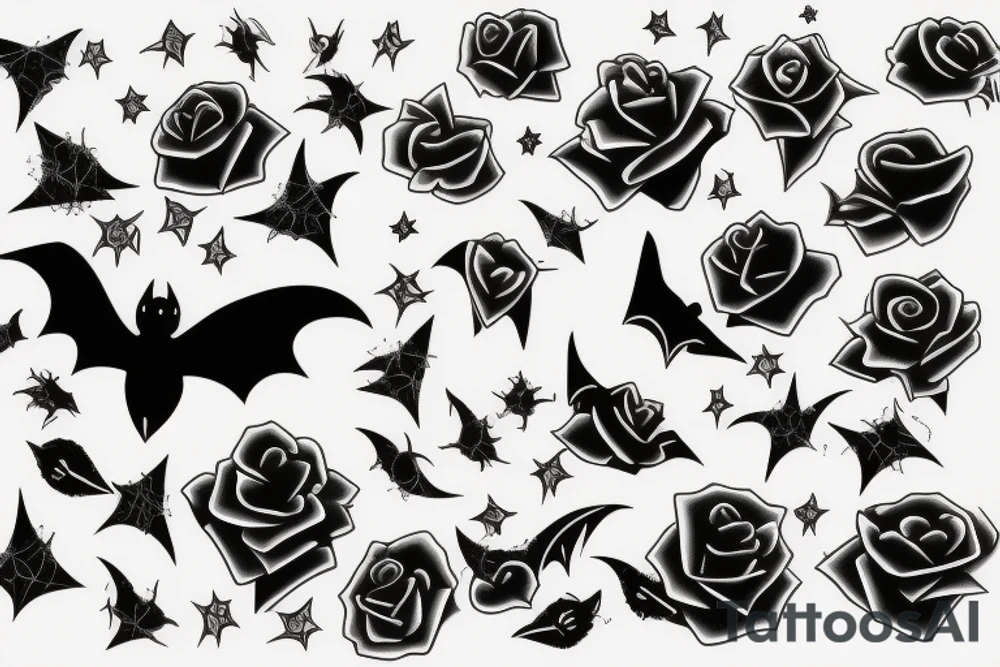 Dainty Stars, roses, bats, and spiderwebs tattoo idea