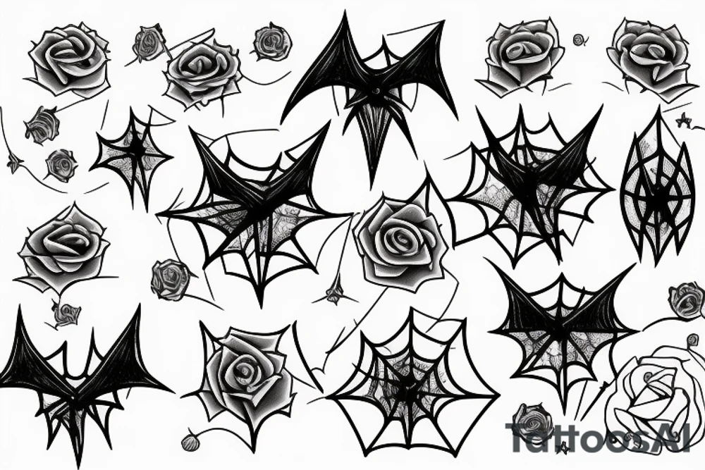 Dainty Stars, roses, bats, and spiderwebs tattoo idea