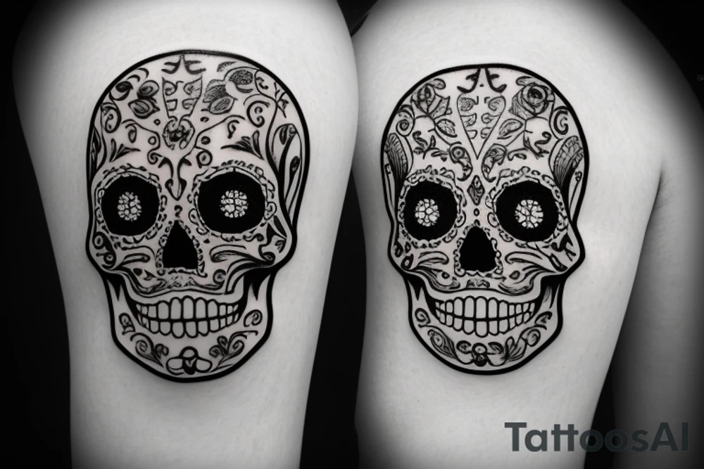 A Mexican sugar skull with an italian cornicello and mano cornuto on its sides tattoo idea