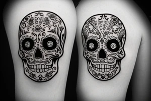 A Mexican sugar skull with an italian cornicello and mano cornuto on its sides tattoo idea