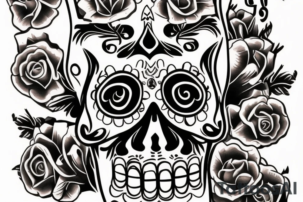 A Mexican sugar skull with an italian cornicello and mano cornuto on its sides tattoo idea