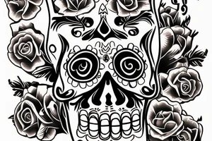 A Mexican sugar skull with an italian cornicello and mano cornuto on its sides tattoo idea