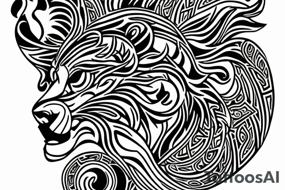 a tattoo that combines a lion, the sun, an East African tribal print and Gaelic design. tattoo idea