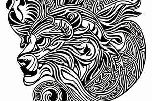 a tattoo that combines a lion, the sun, an East African tribal print and Gaelic design. tattoo idea