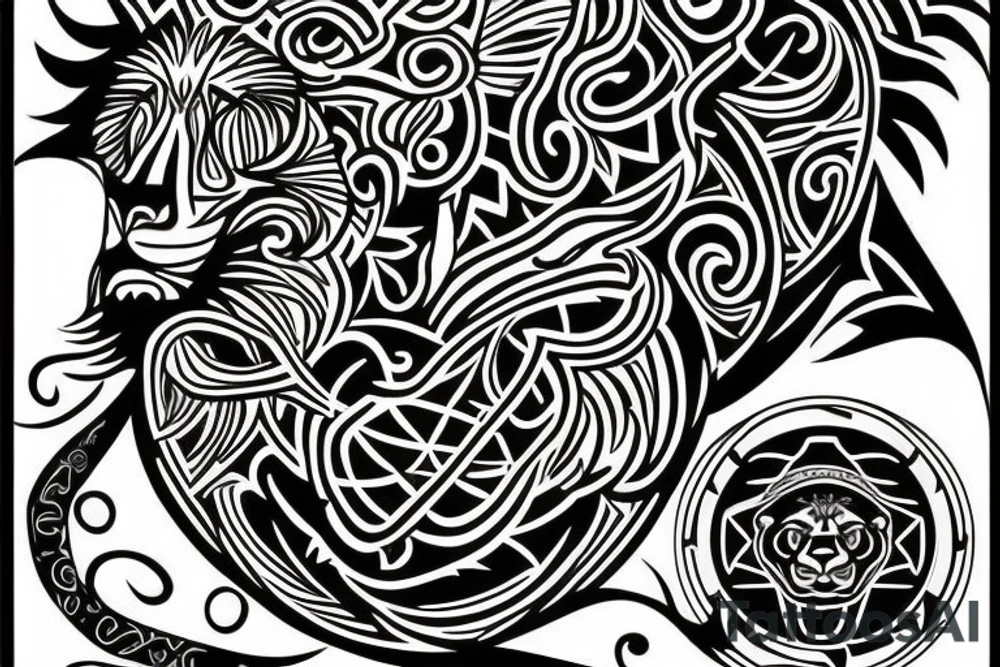 a tattoo that combines a lion, the sun, an East African tribal print and Gaelic design. tattoo idea