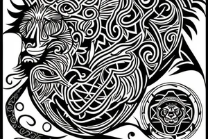 a tattoo that combines a lion, the sun, an East African tribal print and Gaelic design. tattoo idea