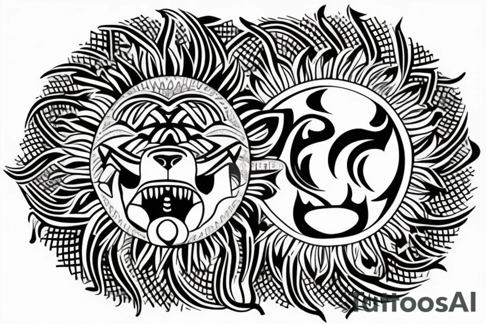 a tattoo that combines a lion, the sun, an East African tribal print and Gaelic design. tattoo idea