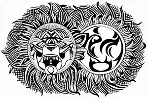 a tattoo that combines a lion, the sun, an East African tribal print and Gaelic design. tattoo idea