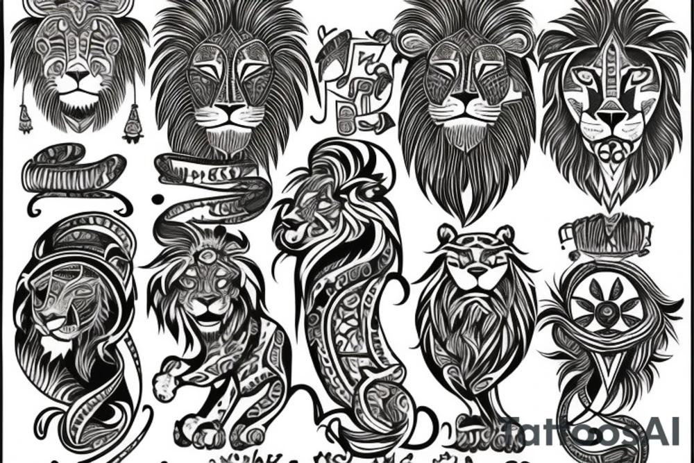 a tattoo that combines a lion, the sun, an East African tribal print and Gaelic design. tattoo idea