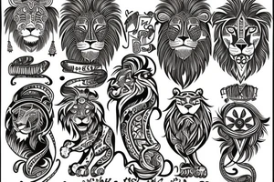 a tattoo that combines a lion, the sun, an East African tribal print and Gaelic design. tattoo idea
