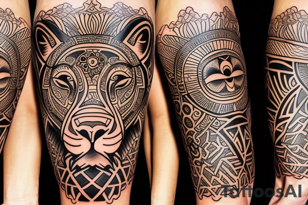 a tattoo that combines a lion, the sun, an East African tribal print and Gaelic design. tattoo idea