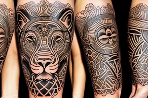 a tattoo that combines a lion, the sun, an East African tribal print and Gaelic design. tattoo idea