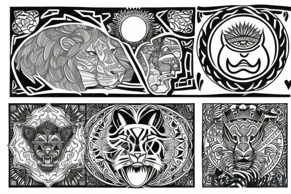 a tattoo that combines a lion, the sun, an East African tribal print and Gaelic design. tattoo idea