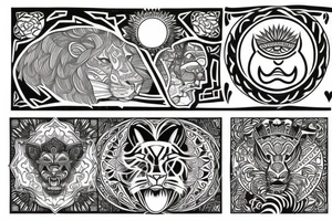 a tattoo that combines a lion, the sun, an East African tribal print and Gaelic design. tattoo idea