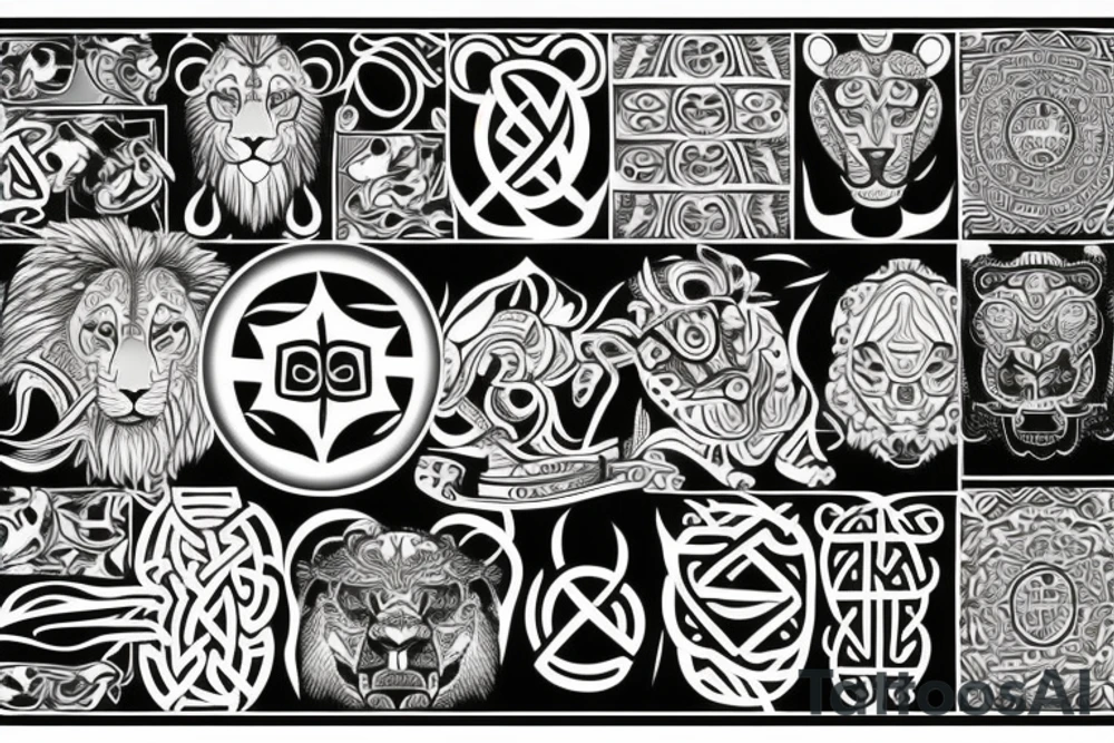 a tattoo that combines a lion, the sun, an East African tribal print and Gaelic design. tattoo idea