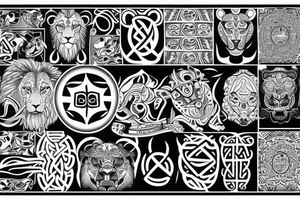 a tattoo that combines a lion, the sun, an East African tribal print and Gaelic design. tattoo idea