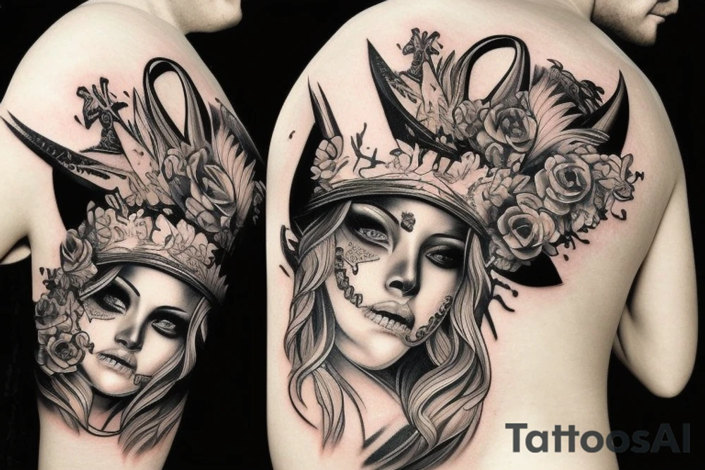 Beautiful blonde warrior with tiger crown and skulls and flowers tattoo idea