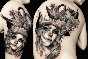 Beautiful blonde warrior with tiger crown and skulls and flowers tattoo idea