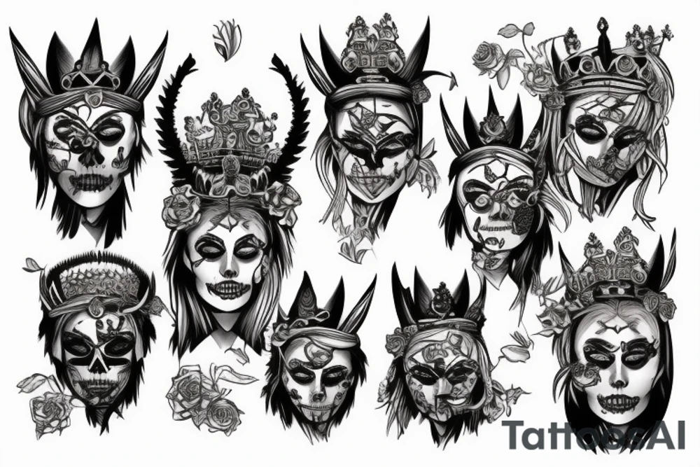 Beautiful blonde warrior with tiger crown and skulls and flowers tattoo idea