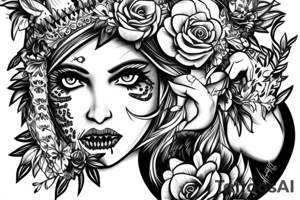 Beautiful blonde warrior with tiger crown and skulls and flowers tattoo idea