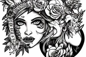 Beautiful blonde warrior with tiger crown and skulls and flowers tattoo idea
