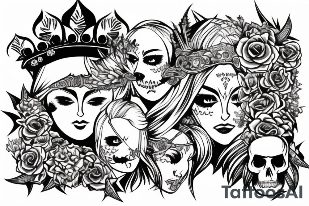 Beautiful blonde warrior with tiger crown and skulls and flowers tattoo idea