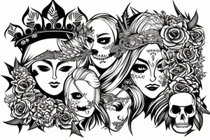 Beautiful blonde warrior with tiger crown and skulls and flowers tattoo idea