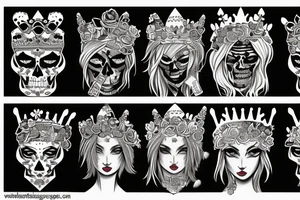 Beautiful blonde warrior with tiger crown and skulls and flowers tattoo idea