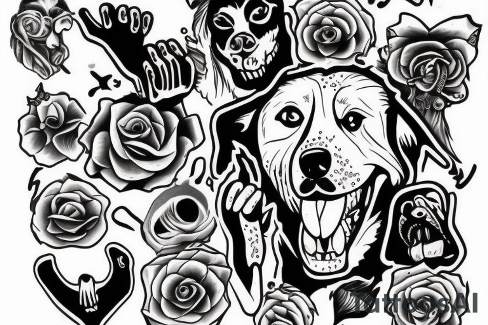 The dog holds a severed hand in its teeth tattoo idea