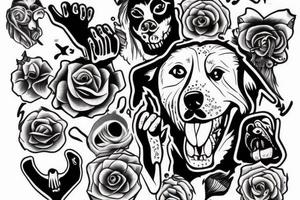The dog holds a severed hand in its teeth tattoo idea