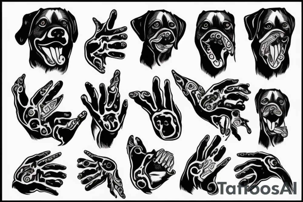 The dog holds a severed hand in its teeth tattoo idea