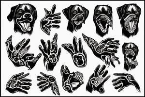 The dog holds a severed hand in its teeth tattoo idea