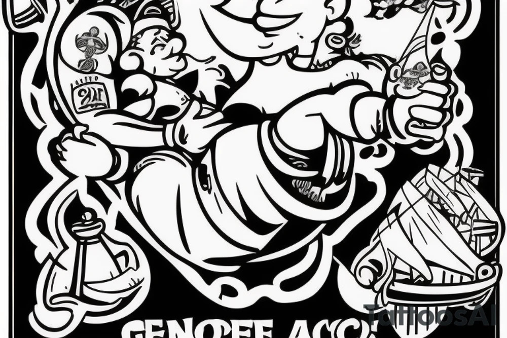 Popeye the sailormen lifting an ancor of his size with a woman sitting on it with one hand and a bottle a genievre gin in the other tattoo idea