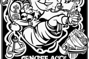 Popeye the sailormen lifting an ancor of his size with a woman sitting on it with one hand and a bottle a genievre gin in the other tattoo idea