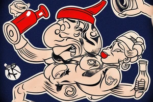 Popeye the sailormen lifting an ancor of his size with a woman sitting on it with one hand and a bottle a genievre gin in the other tattoo idea