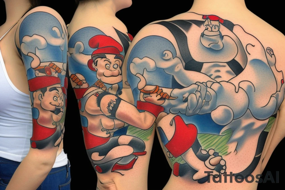 Popeye the sailormen lifting an ancor of his size with a woman sitting on it tattoo idea