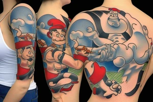 Popeye the sailormen lifting an ancor of his size with a woman sitting on it tattoo idea