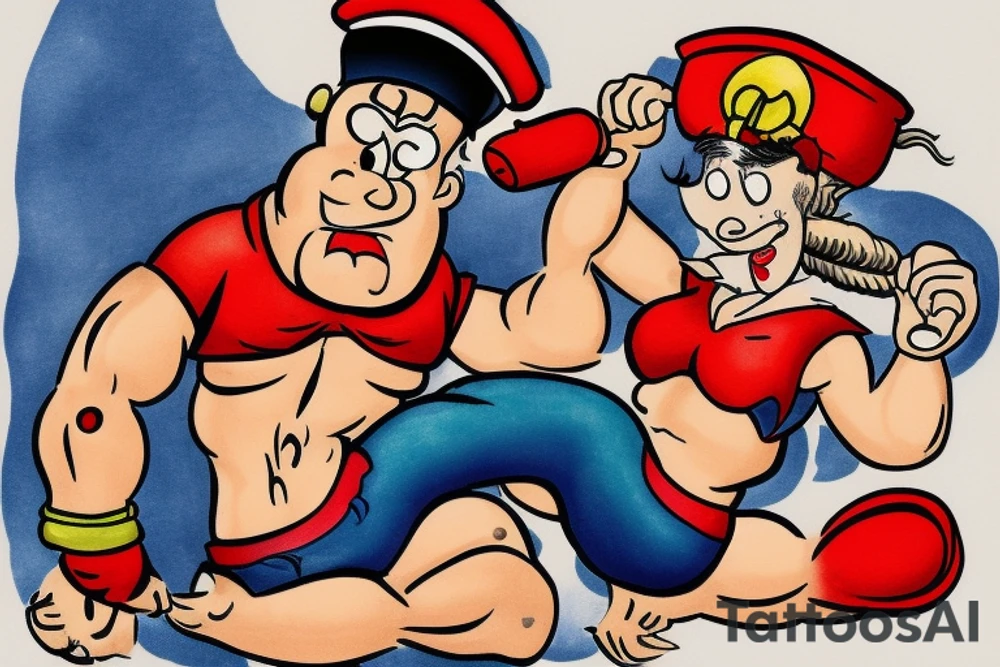 Popeye the sailormen lifting an ancor of his size with a woman sitting on it tattoo idea