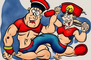 Popeye the sailormen lifting an ancor of his size with a woman sitting on it tattoo idea