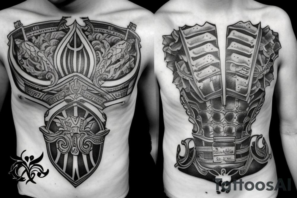 Arm and Breast with Armor Roman words and Plates tattoo idea