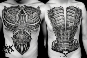 Arm and Breast with Armor Roman words and Plates tattoo idea