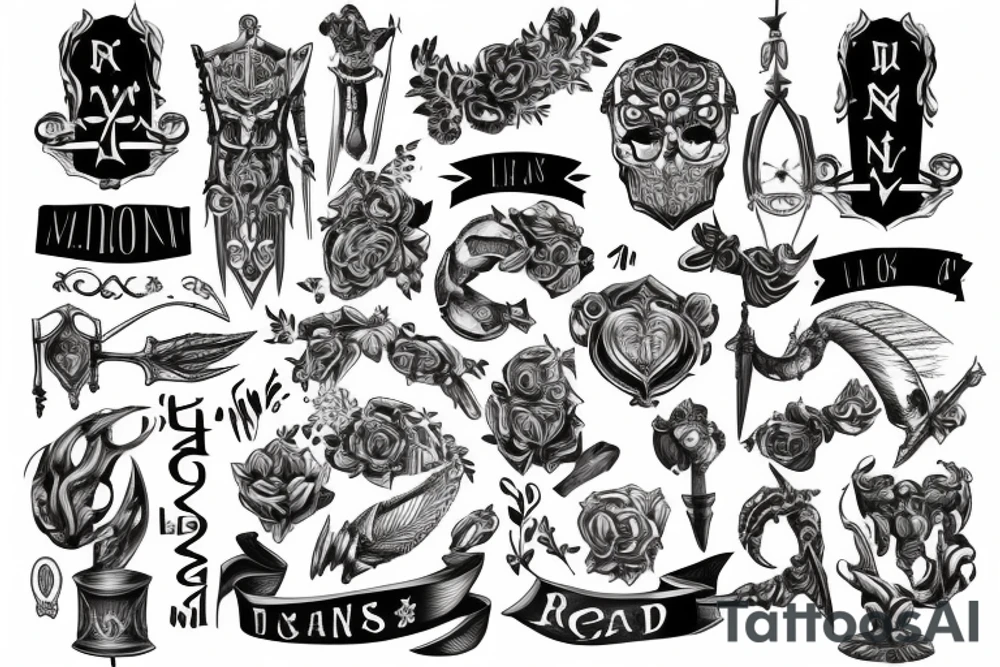 Arm and Breast with Armor Roman words and Plates tattoo idea
