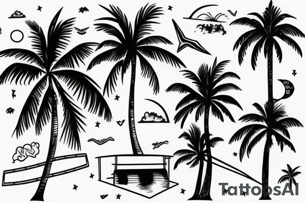 3 palm trees bed to each other on a beachside hill tattoo idea