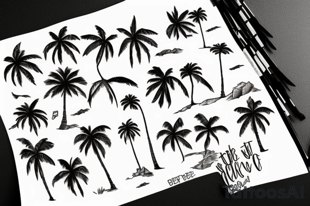 3 palm trees bed to each other on a beachside hill tattoo idea