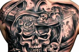 Pirate captain skeleton sitting on treasure chest tattoo idea