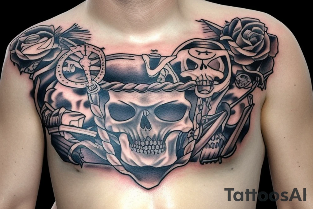 Pirate captain skeleton sitting on treasure chest tattoo idea